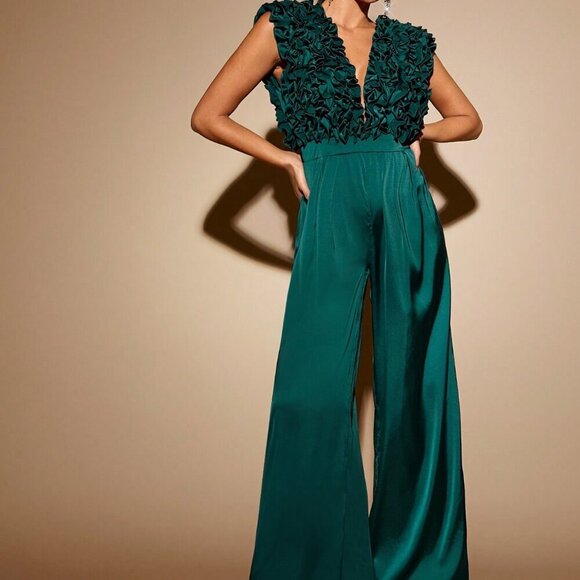 Green Party Women's Plunging Neck Ruffle Wide Leg Jumpsuit - Picture 2 of 6